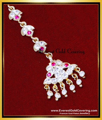 NCT335 - 1 Gram Gold White and Ruby Stone Small Maang Tikka
