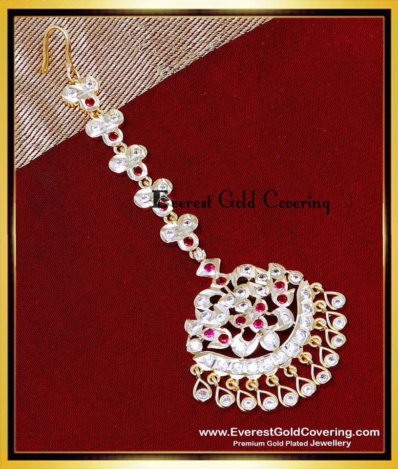NCT341 - New Model White Ruby Gold Maang Tikka Design