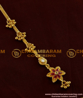 NCT017 - Royal Looking Ad White Stone And Ruby Flower Design Forehead Piece With Golden Balls Hanging
