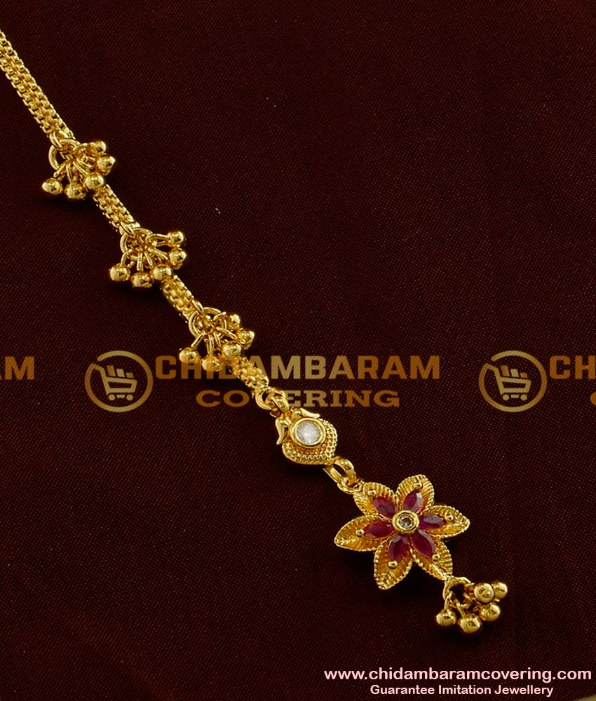 NCT017 - Royal Looking Ad White Stone And Ruby Flower Design Forehead Piece With Golden Balls Hanging