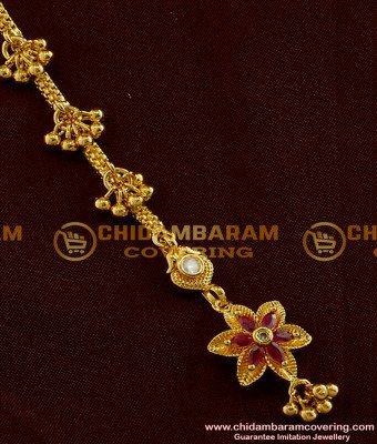 NCT017 - Royal Looking Ad White Stone And Ruby Flower Design Forehead Piece With Golden Balls Hanging