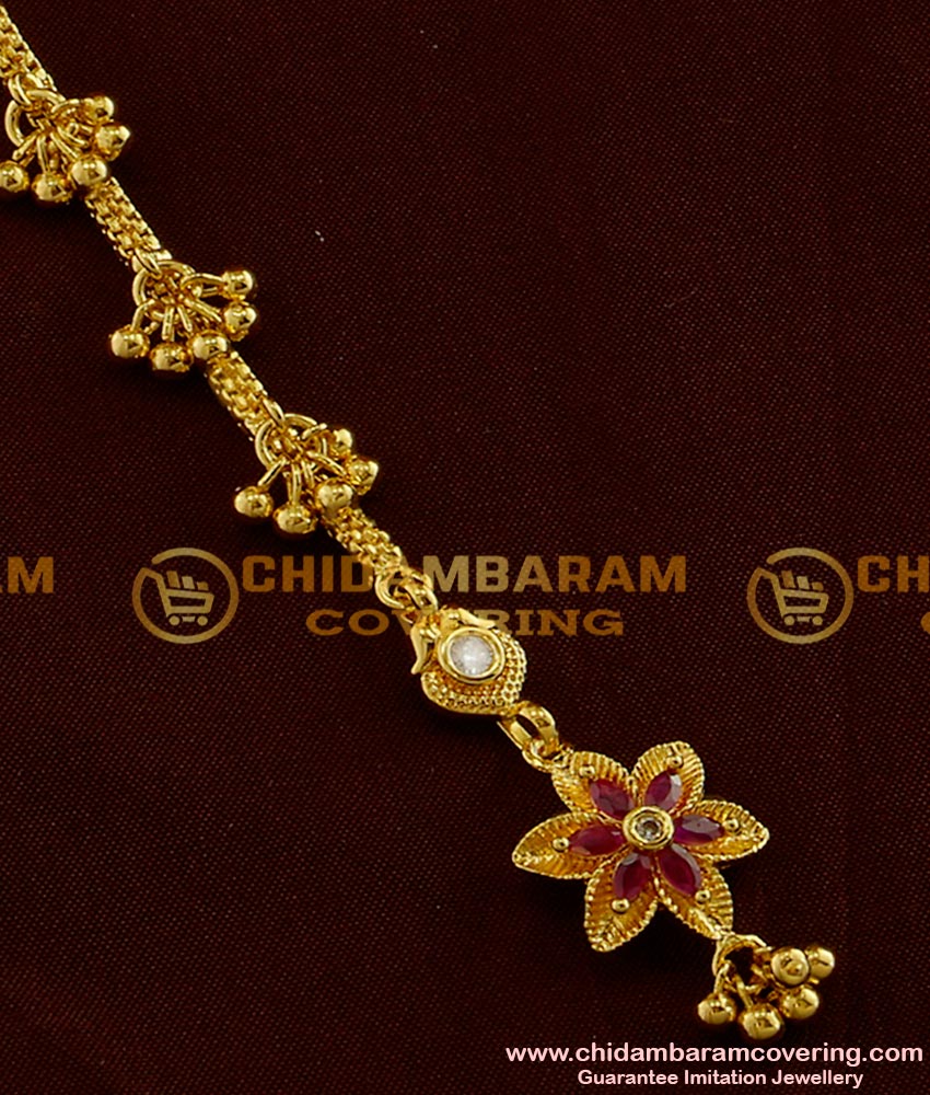 NCT017 - Royal Looking Ad White Stone And Ruby Flower Design Forehead Piece With Golden Balls Hanging