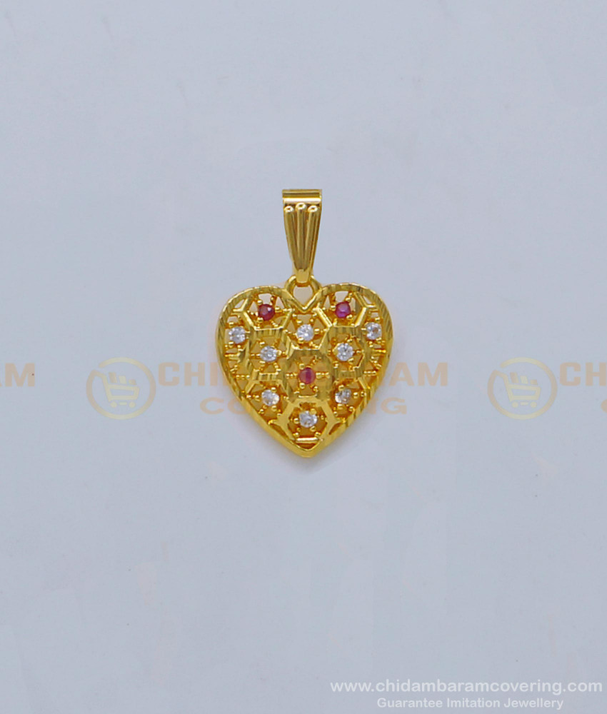 PND056 - Trendy Heart Shape White And Ruby Stone Pendant Design for Girl 