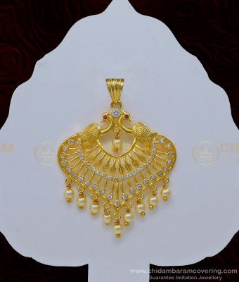 PND063 - Elegant White Stone with Hanging Pearl Big Peacock Pendant Design for Female