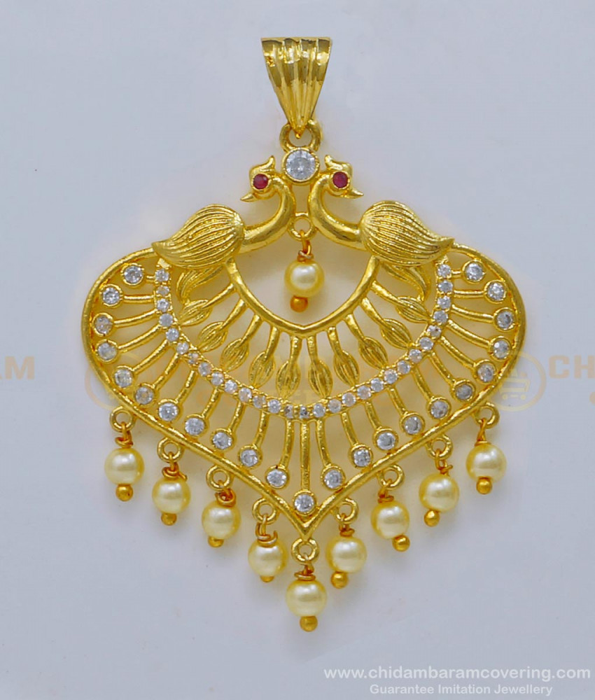 PND063 - Elegant White Stone with Hanging Pearl Big Peacock Pendant Design for Female