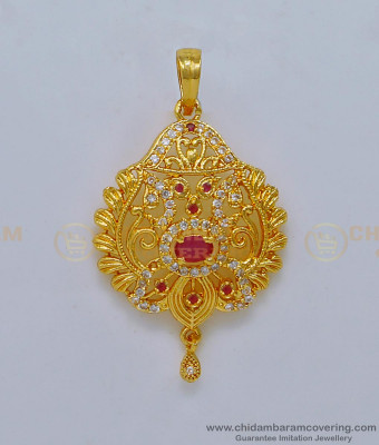 PND066 - South Indian Imitation Jewellery White and Ruby Stone Dollar for Chain 