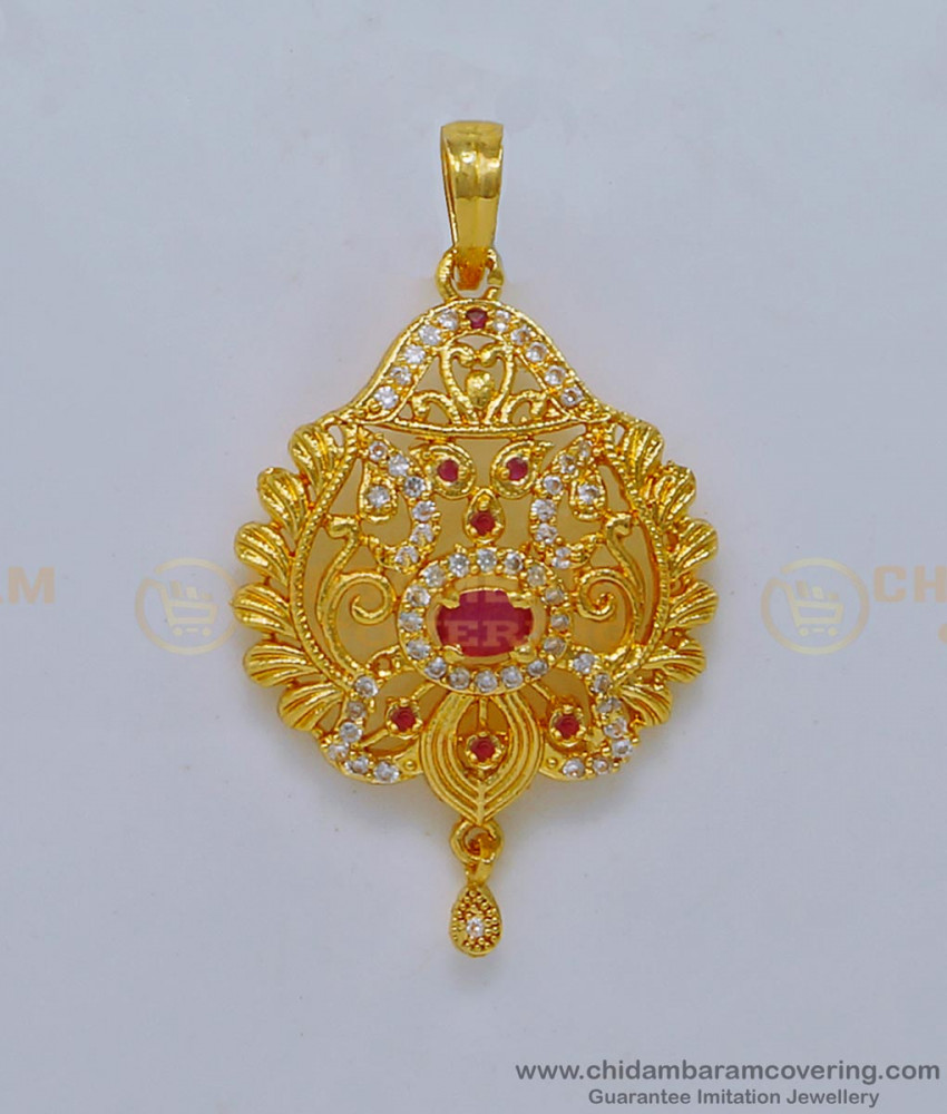 PND066 - South Indian Imitation Jewellery White and Ruby Stone Dollar for Chain 