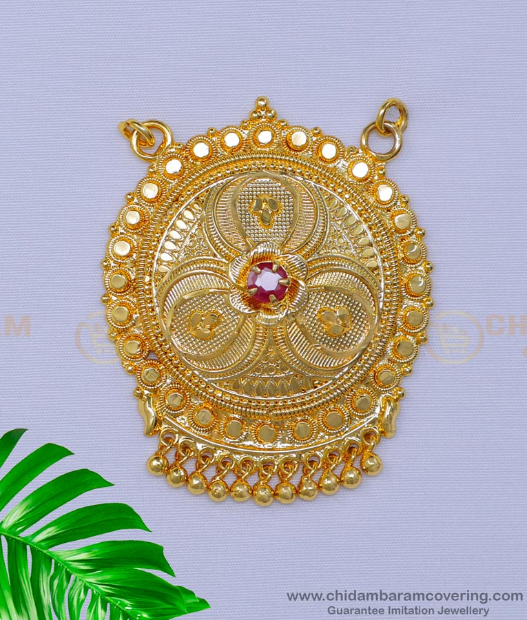 PND081 - Round Ruby Stone Gold Pendant Designs for Long Chain