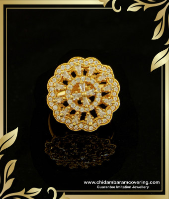 RNG155 - Trendy Big Size White Stone Flower Design Party Wear 1 Gram Gold Ring for Girls   