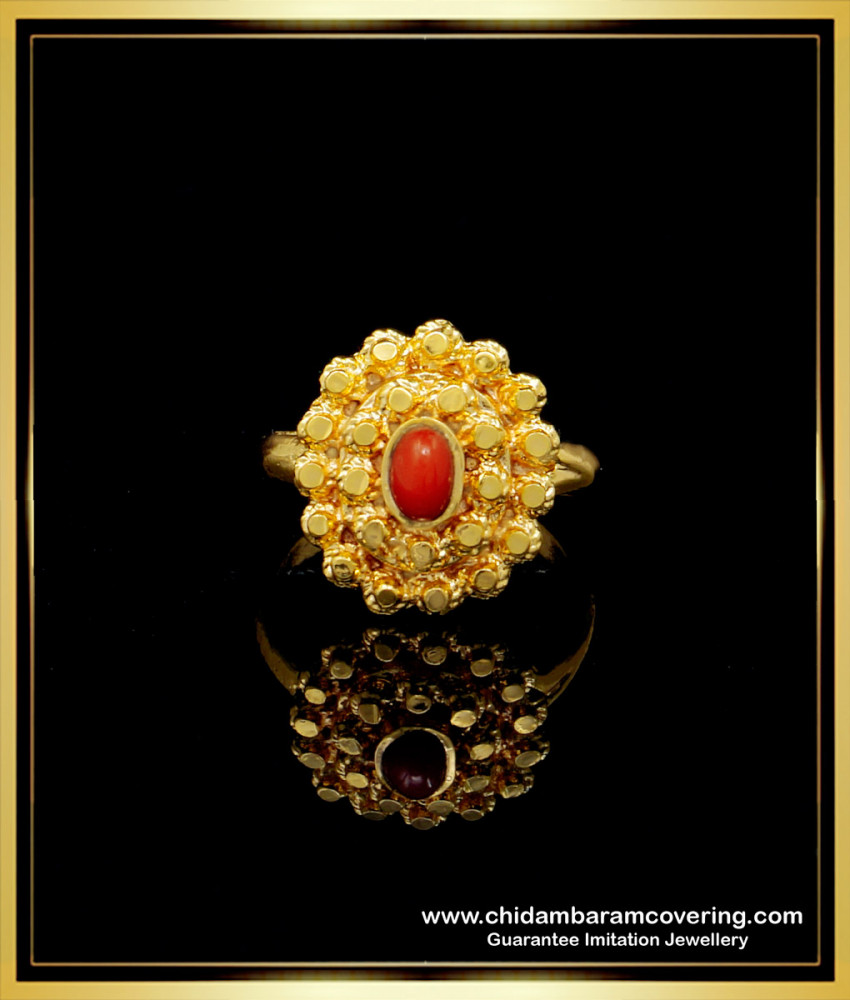 RNG193 - Latest Red Coral Gold Design Daily Use Impon Big Size Ring for Ladies 