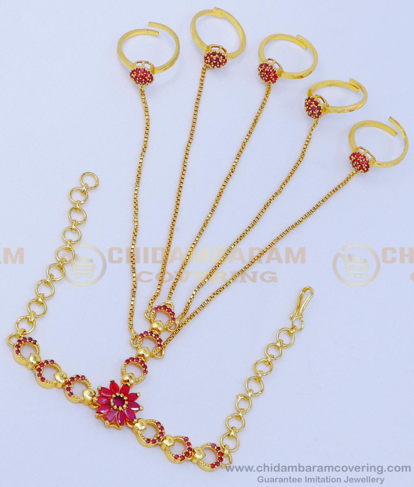 RNG313 - Elegant Flower Design Bracelet with Ring Attached Panja Design