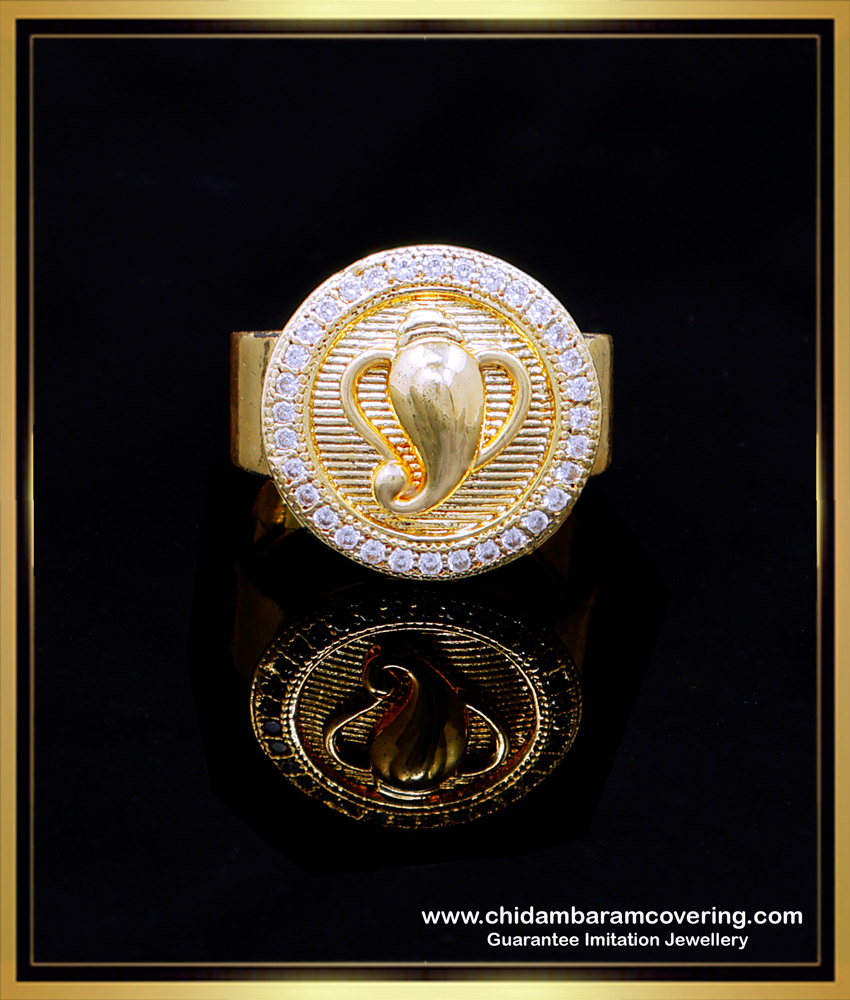 RNG431 - 1 Gram Gold Plated White Stone Ganesh Gold Ring Designs