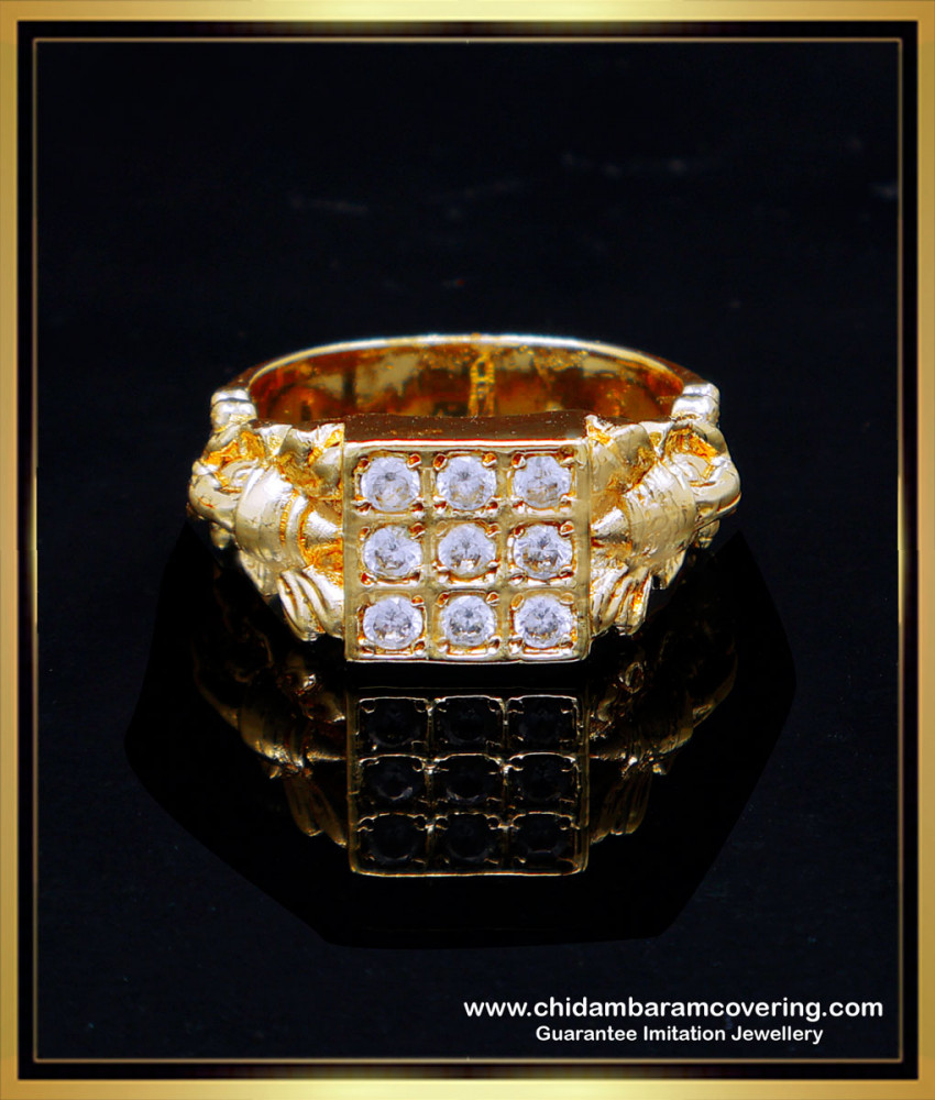 RNG468 - Impon White Stone Ganesh Ring Gold Design for Men