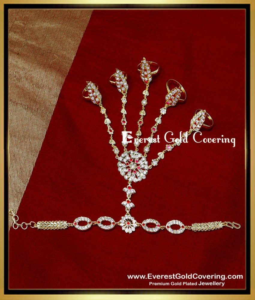 RNG484 - Impon White and Ruby Stone Bridal 5 Finger Ring Bracelet