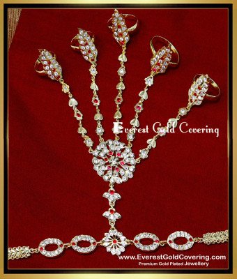 RNG484 - Impon White and Ruby Stone Bridal 5 Finger Ring Bracelet