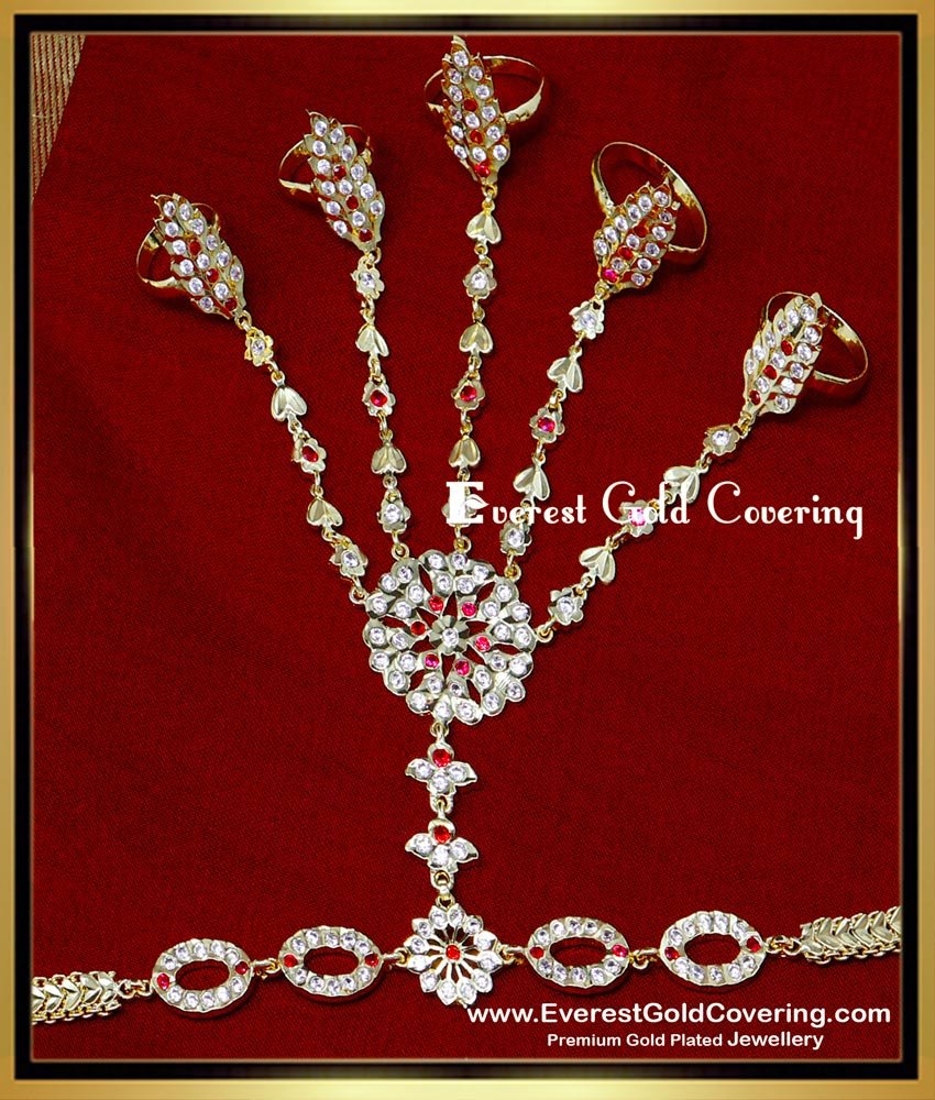RNG484 - Impon White and Ruby Stone Bridal 5 Finger Ring Bracelet