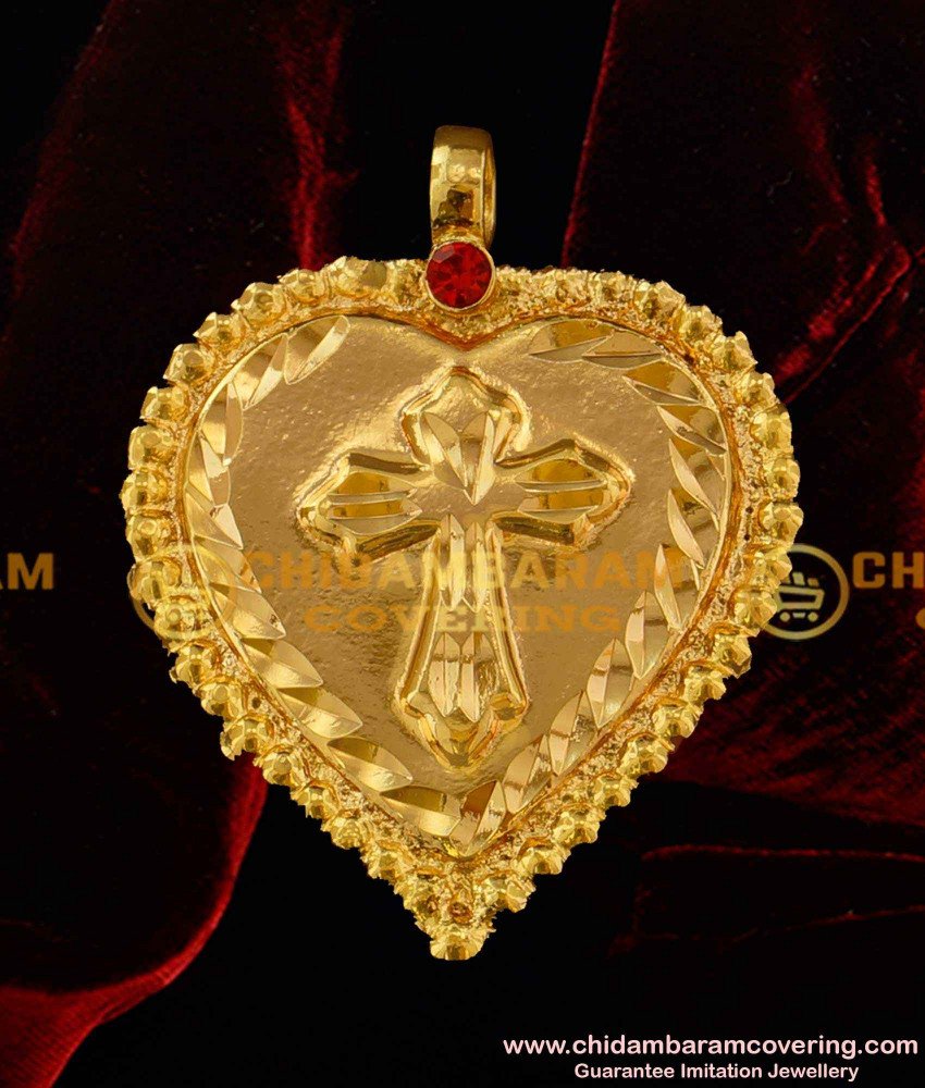 TAL50 - Heartin Cross Thali with Red Stone | Gold Christian Thali Design Buy Online