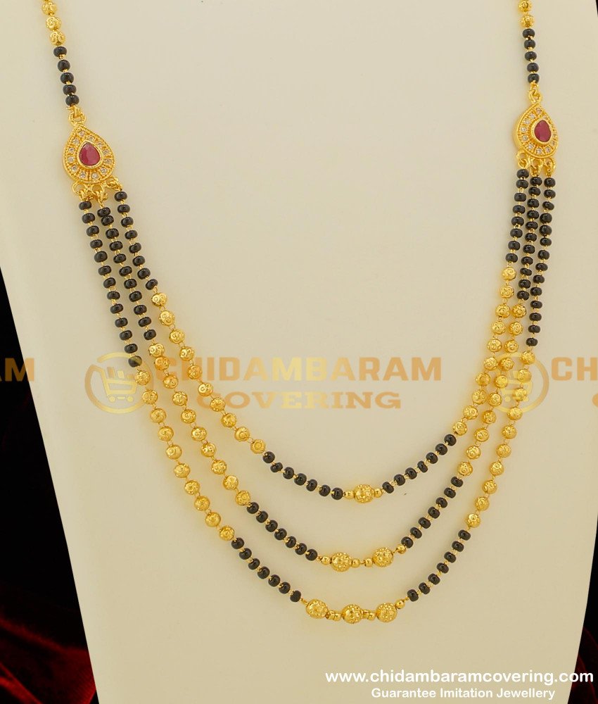 THN17 - Gold Look Black Beads 3 line Necklace / Karimani Mangalsutra Buy Online