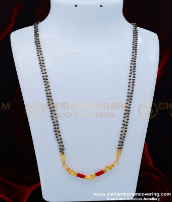 THN39 - Traditional Thali Red Coral Mangalsutra with Double Line Black Beads Chain for Women