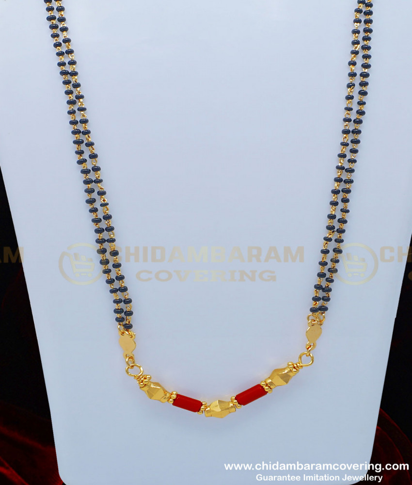 THN39 - Traditional Thali Red Coral Mangalsutra with Double Line Black Beads Chain for Women