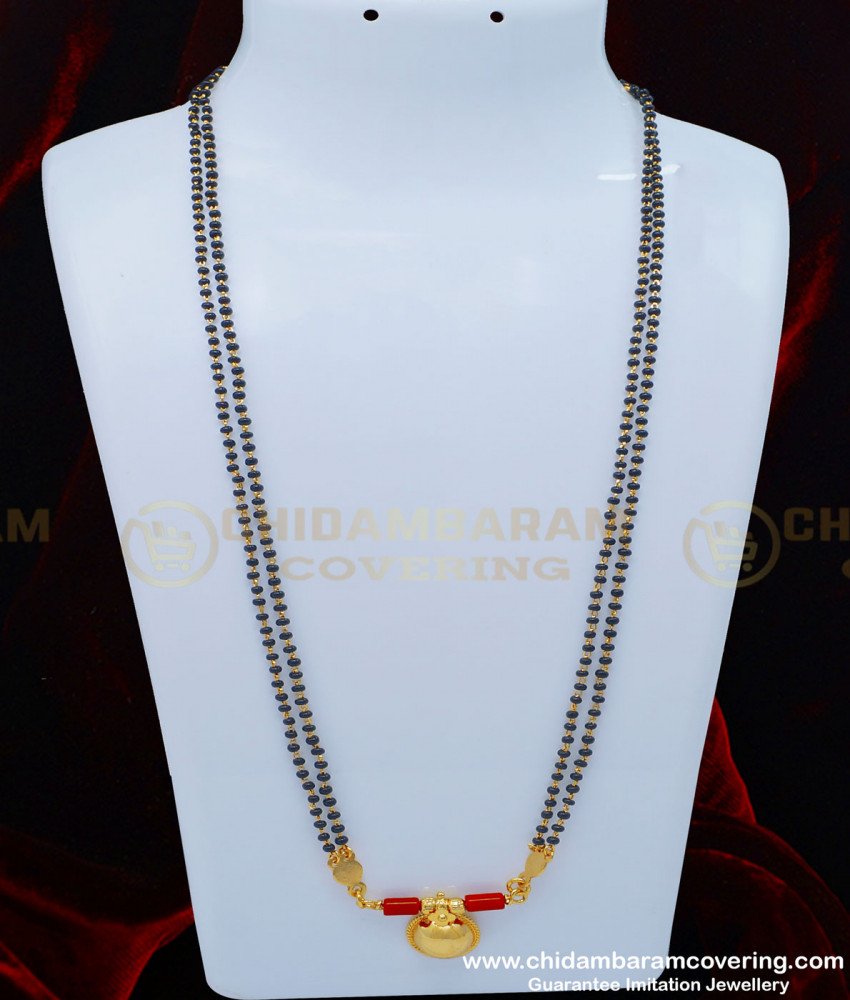 THN43 - One Gram Gold Single Bottu Thali Pustelu with Red Coral Pendant Black Beads Chain Mangalsutra Online
