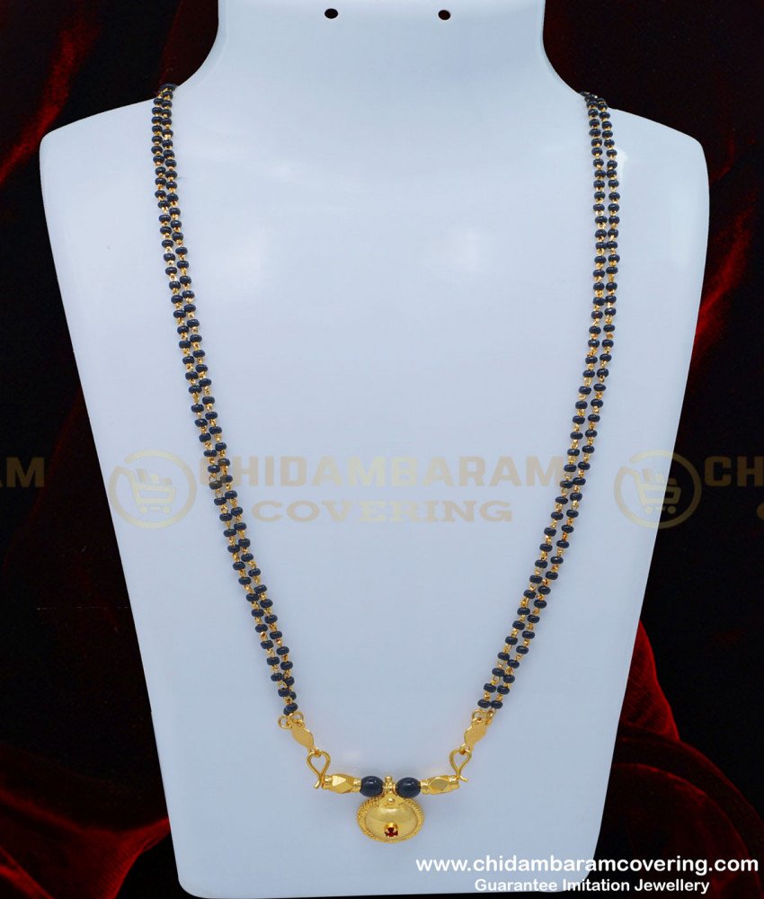 THN45 - Gold Plated Double Line Black Beads Telangana Mangalsutra Designs Single Bottu Thali Set  