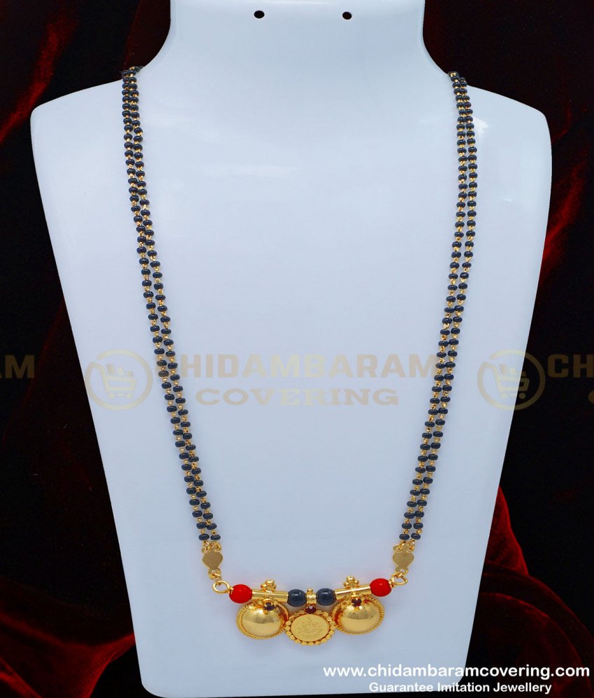 THN48 - Andhra Mangalsutra Double Coral and Black Beads With Lakshmi Vatti Thali Karimani Chain Online