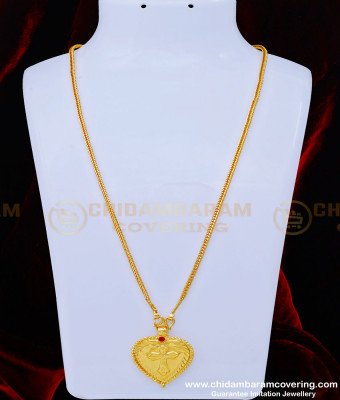 THN57 - 24 Inches Pure Gold Plated Daily Use Christian Ruby Stone Cross Heart Pendant Thali Designs