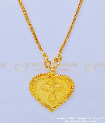 THN56 - 24 Inches Pure Gold Plated Daily Use Christian Cross Plain Heart Thali Designs 