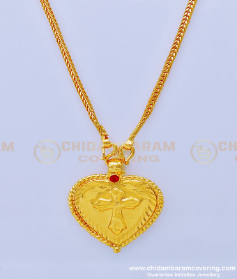 THN57 - 24 Inches Pure Gold Plated Daily Use Christian Ruby Stone Cross Heart Pendant Thali Designs