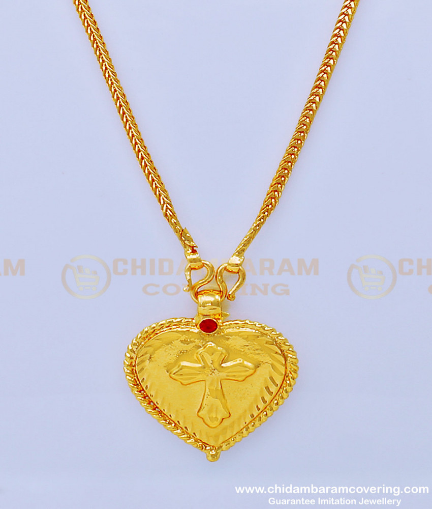 THN57 - 24 Inches Pure Gold Plated Daily Use Christian Ruby Stone Cross Heart Pendant Thali Designs