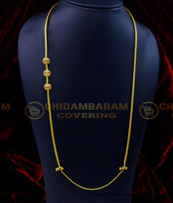 THN71-LG - 30 Inches Long White and Red Stone Balls Mugappu Chain with Screw Connector